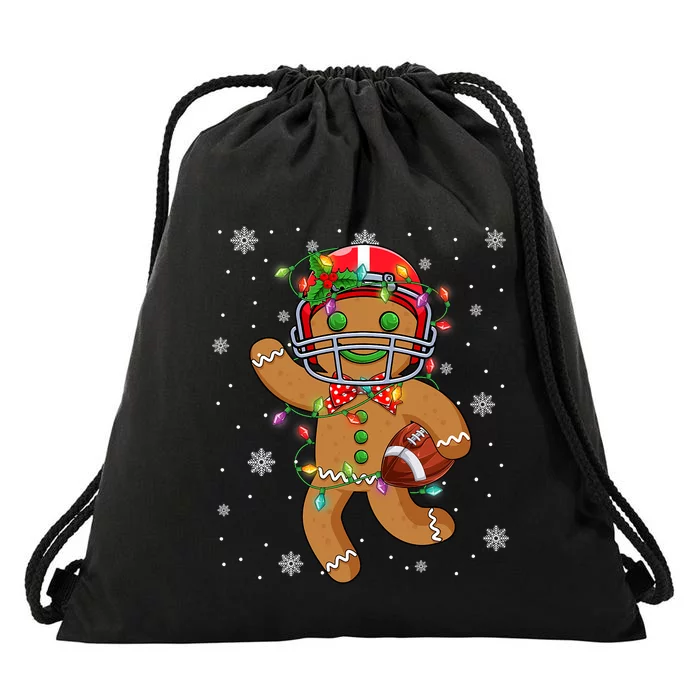 Gingerbread Santa Hat Playing Football Christmas Tree Lights Drawstring Bag