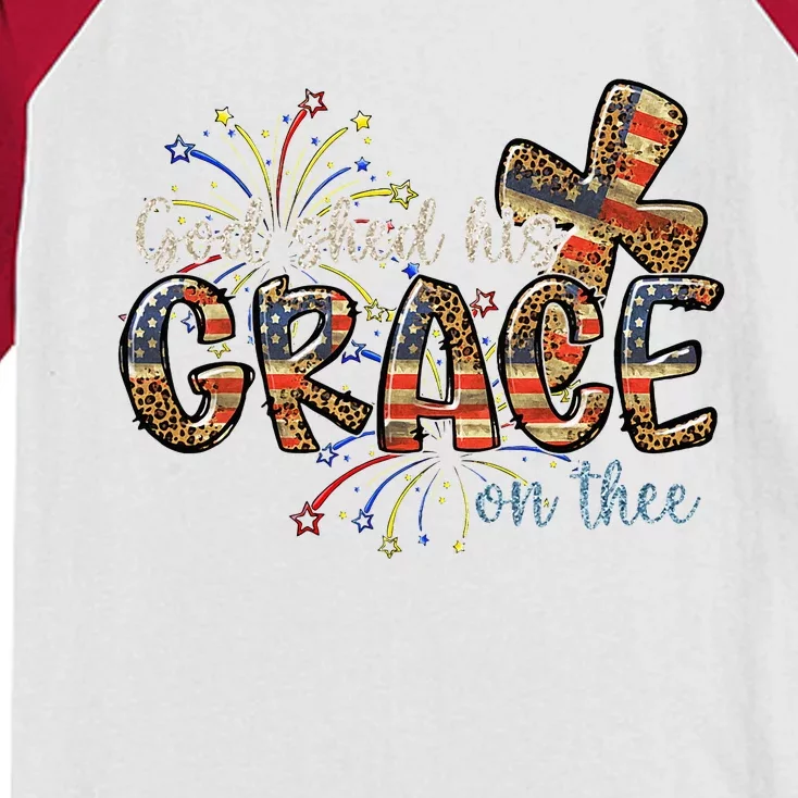 God Shed His Grace On Thee Leopard American Flag 4th Of July Kids Colorblock Raglan Jersey