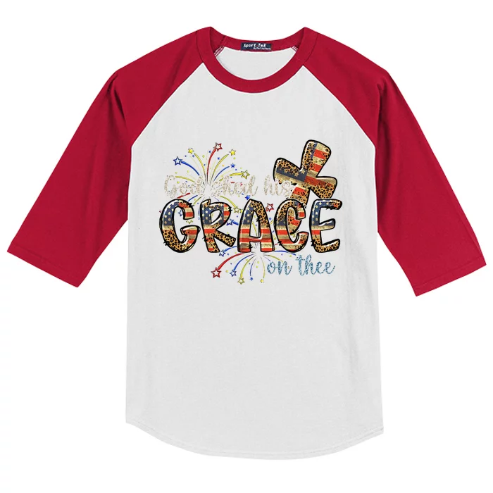 God Shed His Grace On Thee Leopard American Flag 4th Of July Kids Colorblock Raglan Jersey