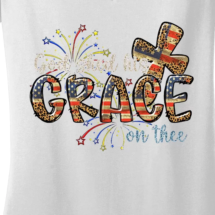 God Shed His Grace On Thee Leopard American Flag 4th Of July Women's V-Neck T-Shirt