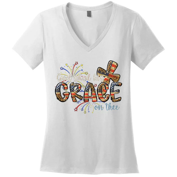 God Shed His Grace On Thee Leopard American Flag 4th Of July Women's V-Neck T-Shirt