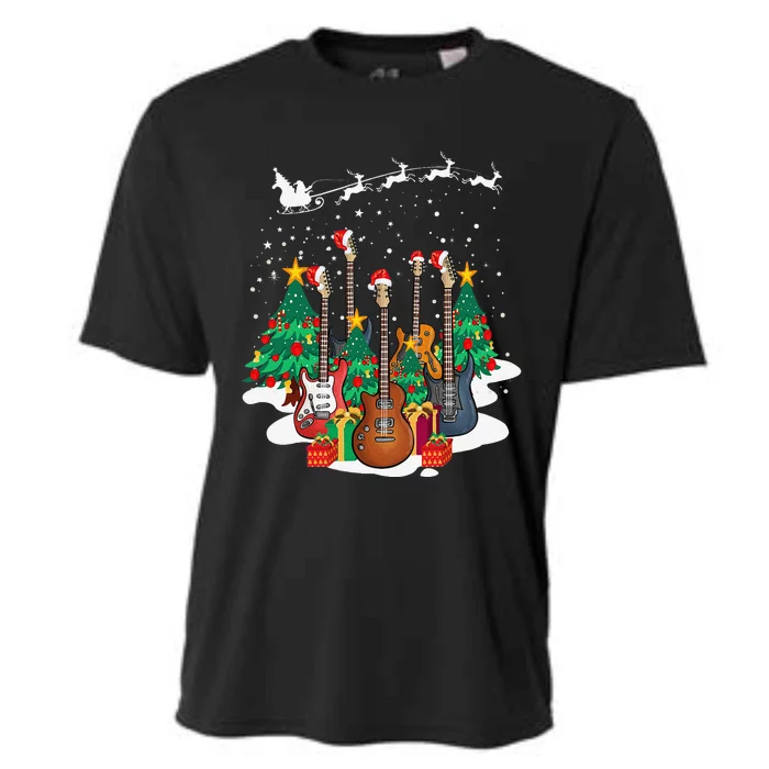 Guitar Santa Hat Christmas Tree Funny Music Loves Xmas Gifts Cooling Performance Crew T-Shirt