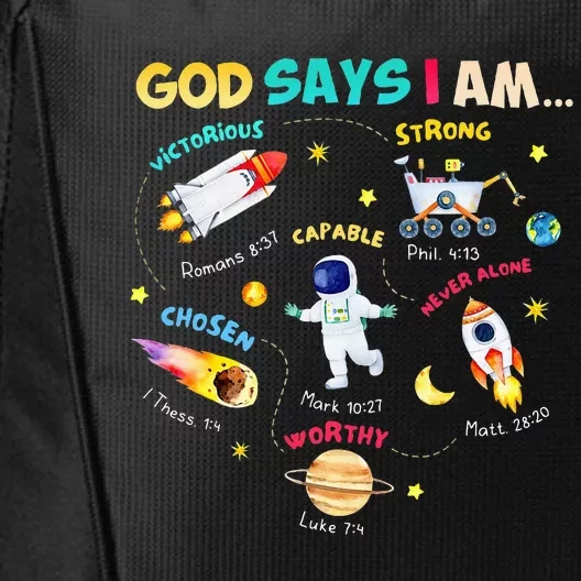 God Says I Am Outer Space Themed Bible Christian City Backpack