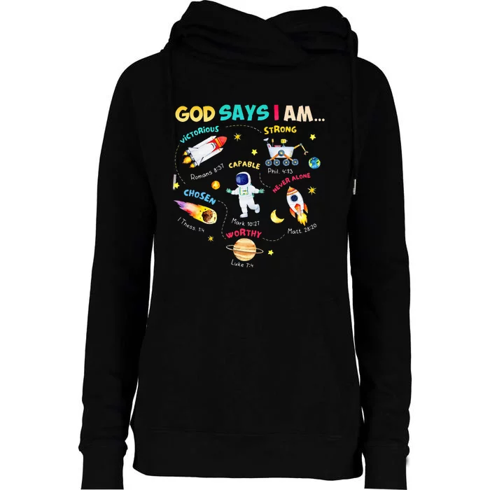 God Says I Am Outer Space Themed Bible Christian Womens Funnel Neck Pullover Hood