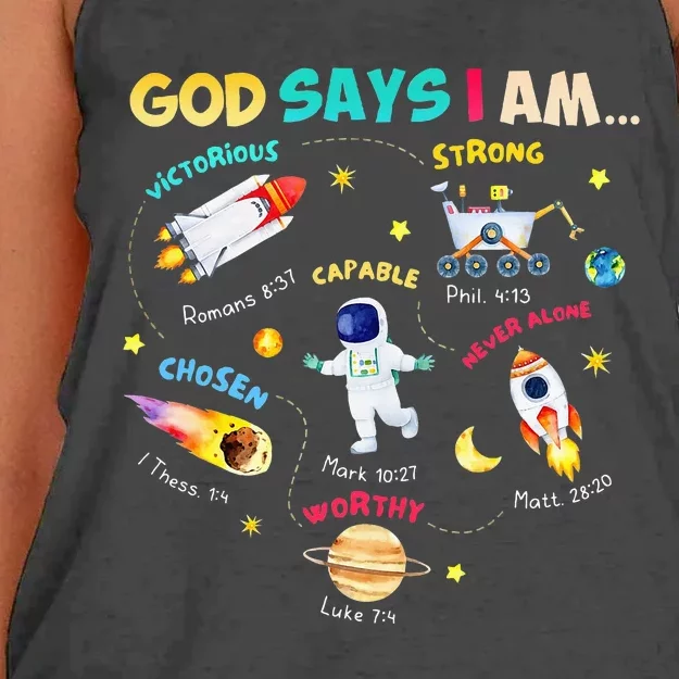 God Says I Am Outer Space Themed Bible Christian Women's Knotted Racerback Tank