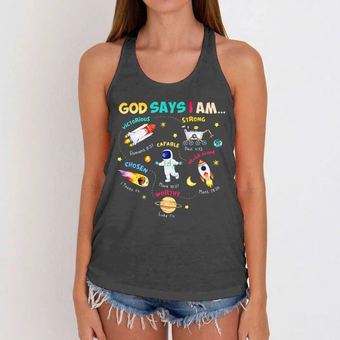 God Says I Am Outer Space Themed Bible Christian Women's Knotted Racerback Tank