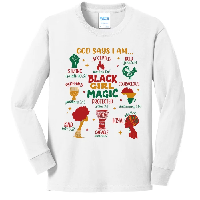 God Says I Am Black Christian Woman Kids Long Sleeve Shirt