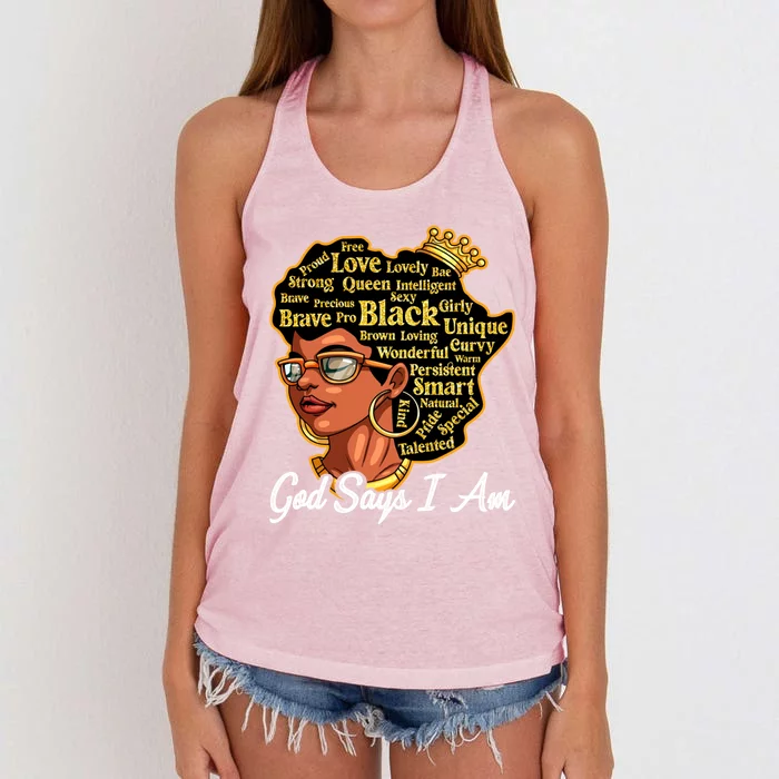 God Says I Am Black History Proud Black Afro Juneteenth Cool Gift Women's Knotted Racerback Tank