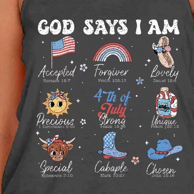 God Says I Am Funny July 4th Bible Verse Christian Women's Knotted Racerback Tank