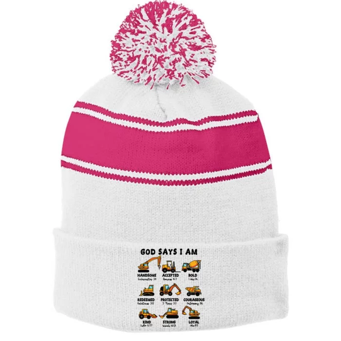 God Says I Am... Construction Trucks Bible Verses Stripe Pom Pom Beanie