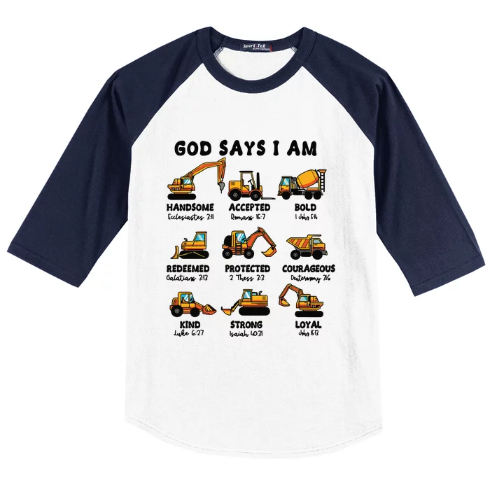 God Says I Am... Construction Trucks Bible Verses Baseball Sleeve Shirt