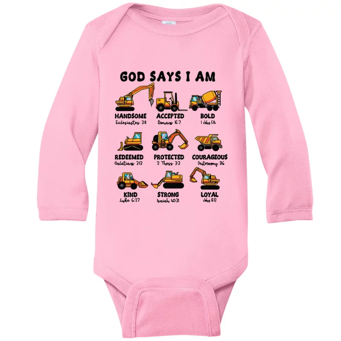 God Says I Am... Construction Trucks Bible Verses Baby Long Sleeve Bodysuit