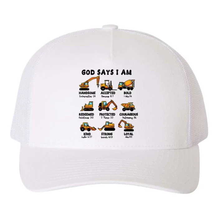 God Says I Am... Construction Trucks Bible Verses Yupoong Adult 5-Panel Trucker Hat