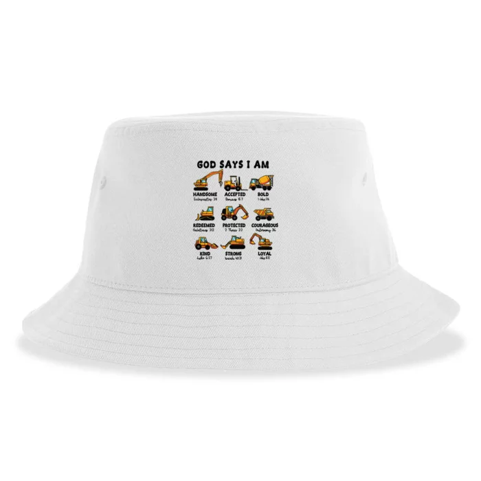 God Says I Am... Construction Trucks Bible Verses Sustainable Bucket Hat