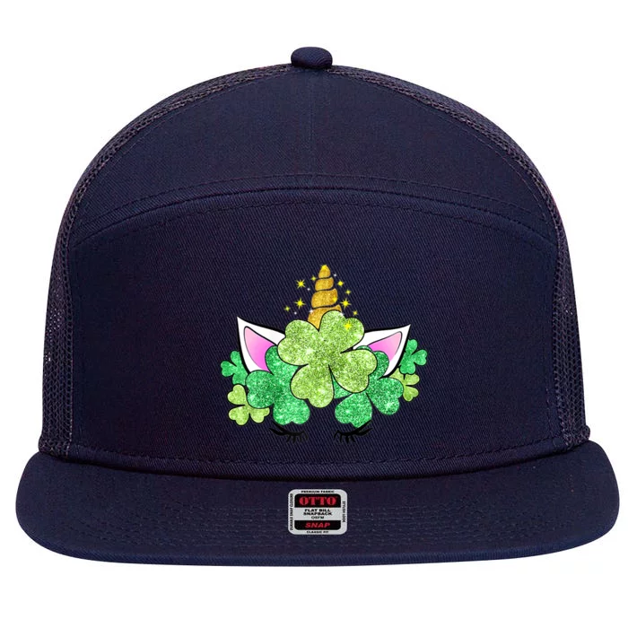 Green Shamrocks Irish Cute Unicorn Girl St Patrick's Day 7 Panel Mesh Trucker Snapback Hat