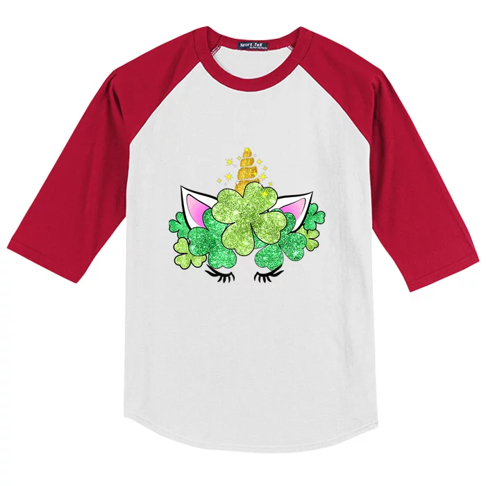 Green Shamrocks Irish Cute Unicorn Girl St Patrick's Day Kids Colorblock Raglan Jersey