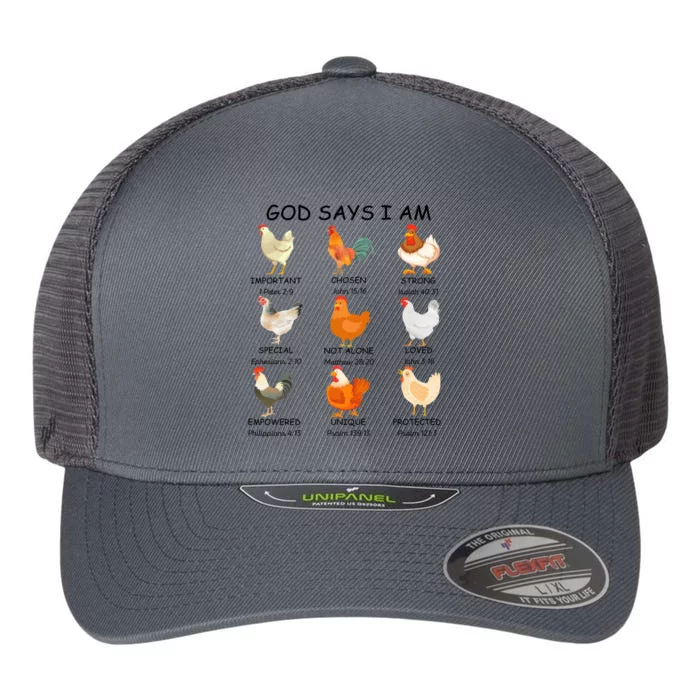 God Says I Am Chicken Christian Bible Funny Farm Chicken Flexfit Unipanel Trucker Cap