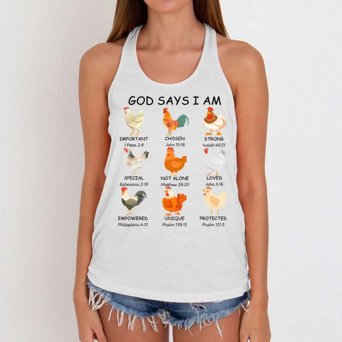 God Says I Am Chicken Christian Bible Funny Farm Chicken Women's Knotted Racerback Tank