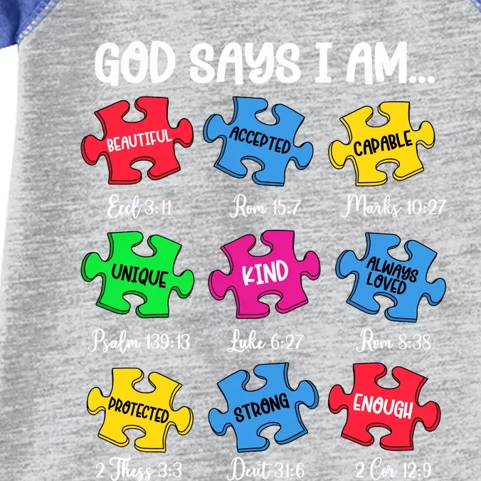 God Says I Am Bible Verses Christian Autism Awareness Puzzle Infant Baby Jersey Bodysuit