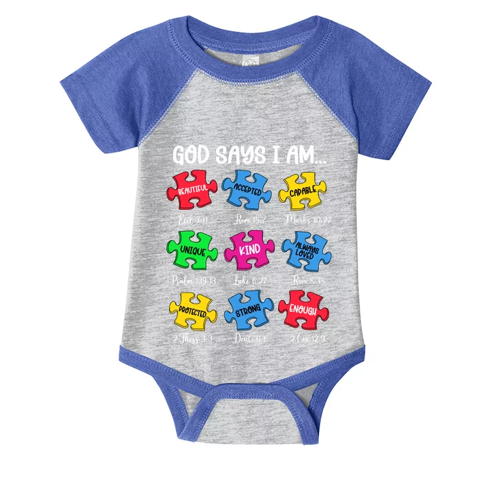 God Says I Am Bible Verses Christian Autism Awareness Puzzle Infant Baby Jersey Bodysuit