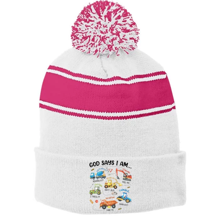 God Says I Am Construction Bible Verse Truck Stripe Pom Pom Beanie