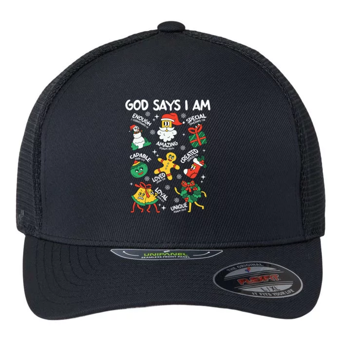 God Says I Am Christmas Lover   Christian Flexfit Unipanel Trucker Cap