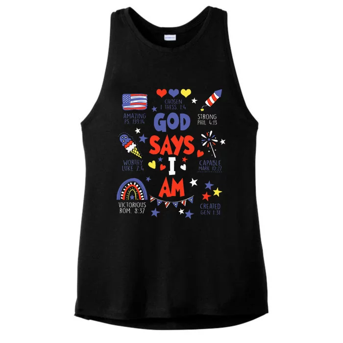 God Says I Am July 4th Christian Bible Verse Ladies Tri-Blend Wicking Tank