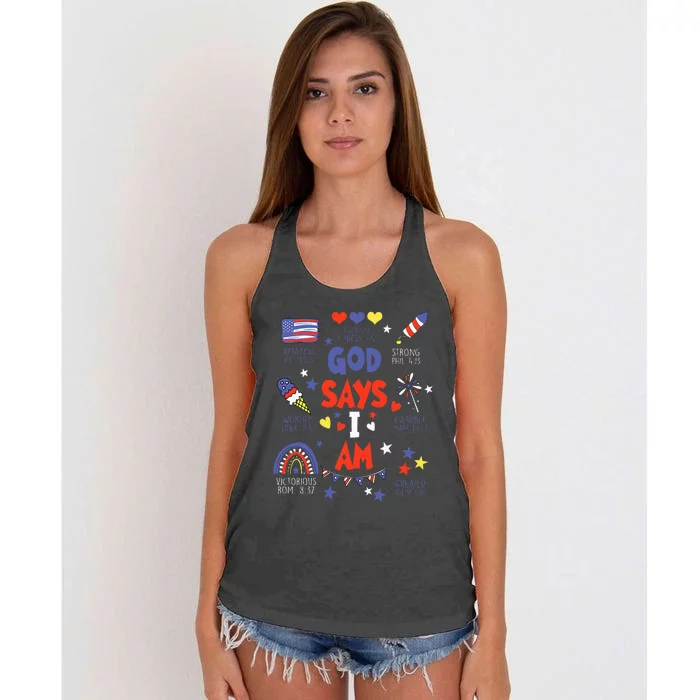 God Says I Am July 4th Christian Bible Verse Women's Knotted Racerback Tank