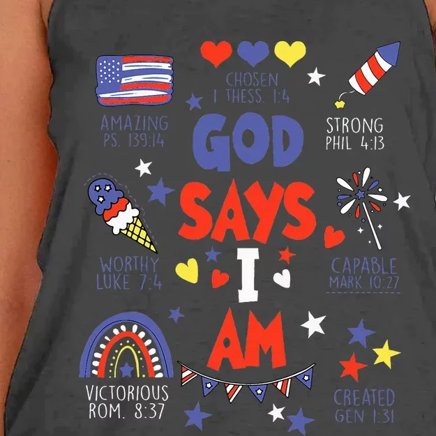 God Says I Am July 4th Christian Bible Verse Women's Knotted Racerback Tank