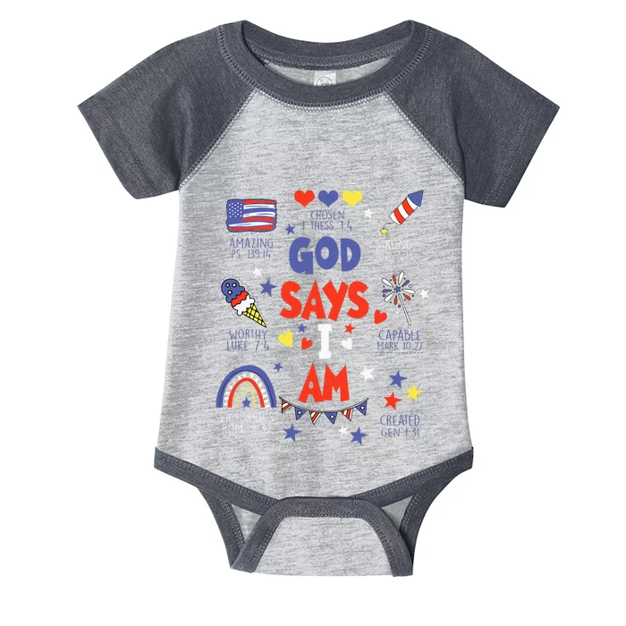 God Says I Am July 4th Christian Bible Verse Infant Baby Jersey Bodysuit