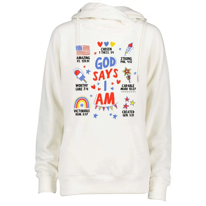 God Says I Am July 4th Christian Bible Verse Womens Funnel Neck Pullover Hood