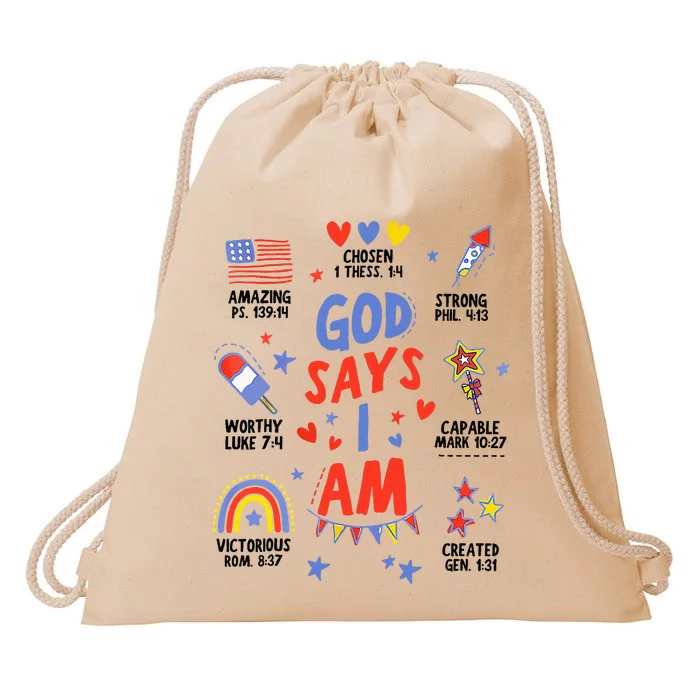 God Says I Am July 4th Christian Bible Verse Drawstring Bag