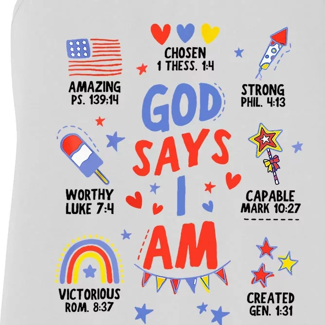 God Says I Am July 4th Christian Bible Verse Women's Racerback Tank