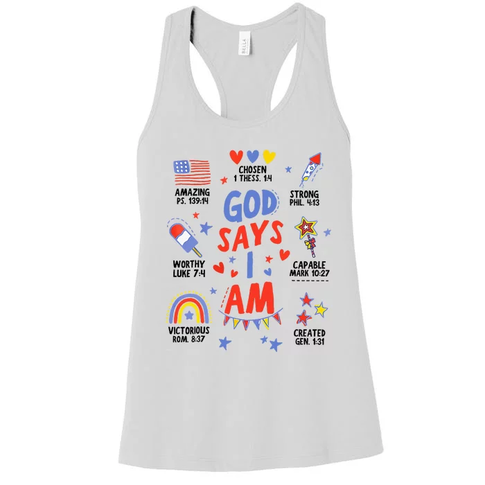 God Says I Am July 4th Christian Bible Verse Women's Racerback Tank