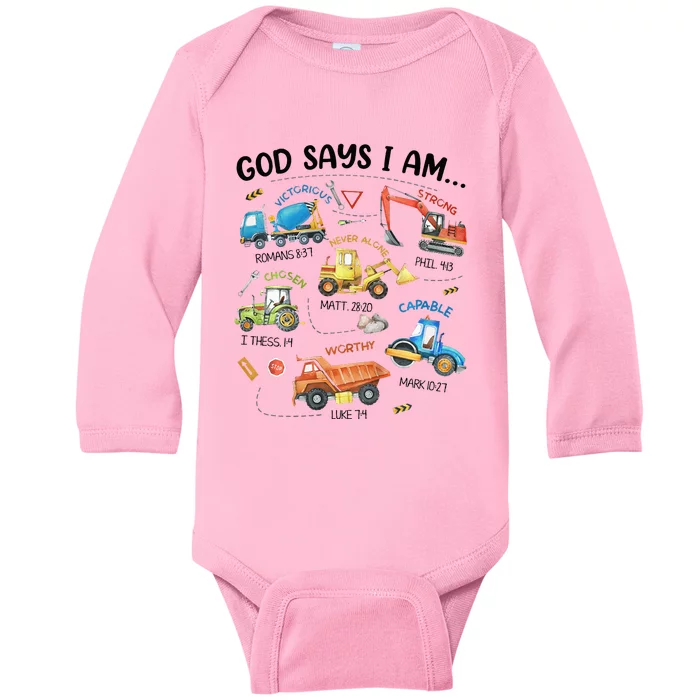 God Says I Am Construction Bible Verse Truck Baby Long Sleeve Bodysuit