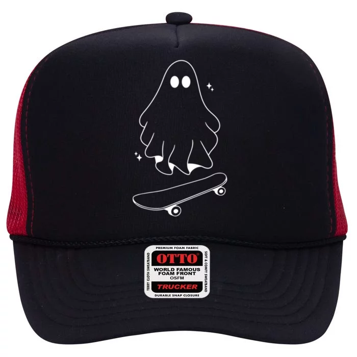 Ghost Skateboard Lazy Halloween Costume Funny Skateboarding Gift High Crown Mesh Trucker Hat