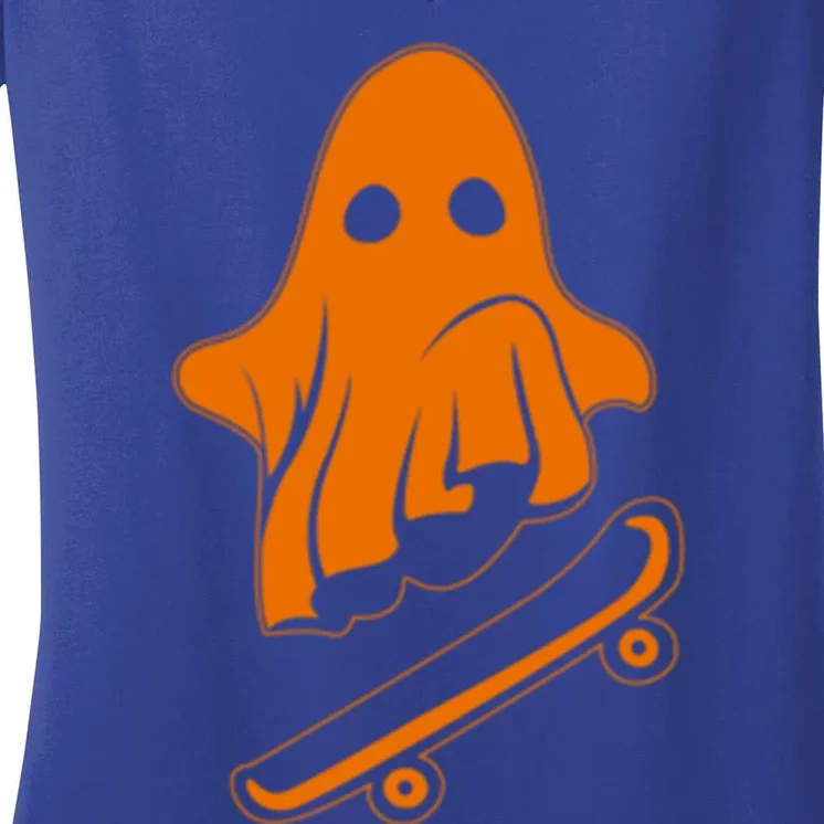 Ghost Skateboard Lazy Halloween Costume Funny Skateboarding Gift Women's V-Neck T-Shirt