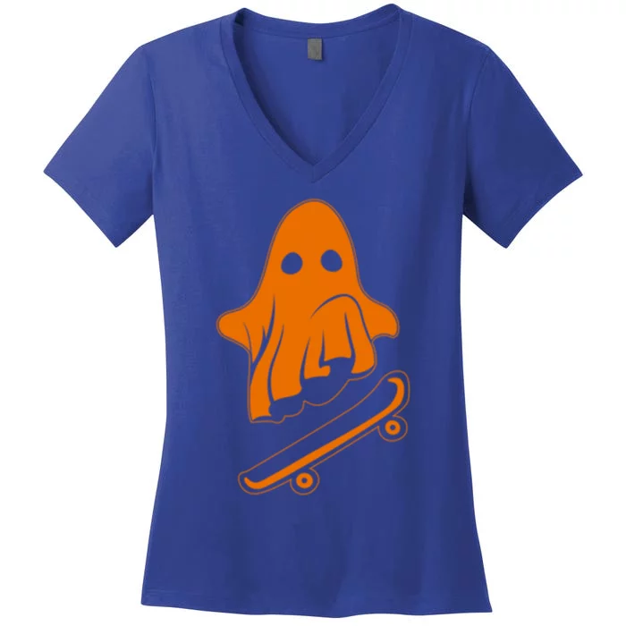 Ghost Skateboard Lazy Halloween Costume Funny Skateboarding Gift Women's V-Neck T-Shirt