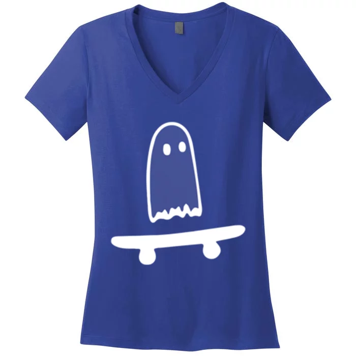 Ghost Skateboard Lazy Halloween Costume Funny Skateboarding Cute Gift Women's V-Neck T-Shirt