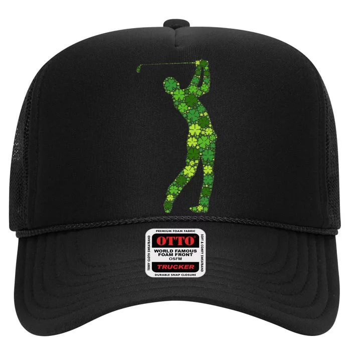 Golf Swing Lucky Green Shamrock Clover St Patricks Day High Crown Mesh Trucker Hat