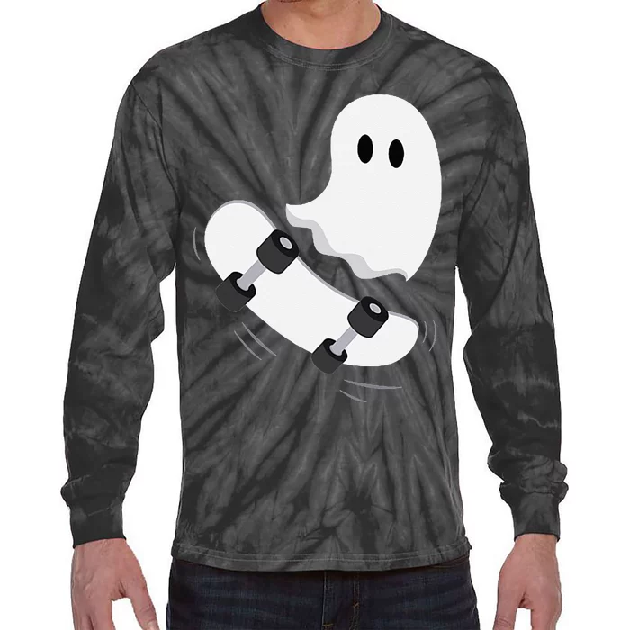 Ghost Skateboard Lazy Halloween Costume Funny Skateboarding Tie-Dye Long Sleeve Shirt