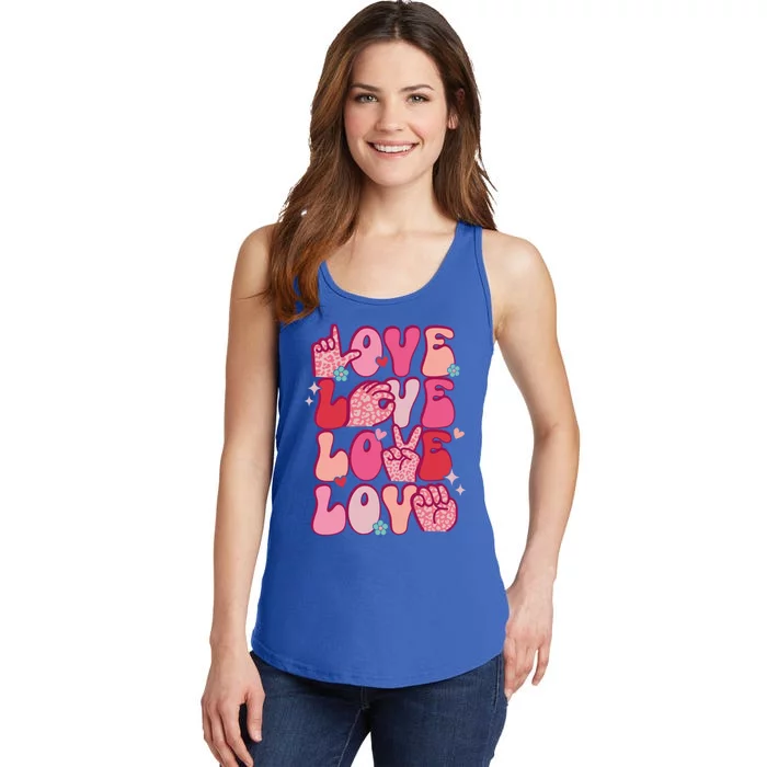 Groovy Sign Language Valentines Day Love Asl Finger Spelling Great Gift Ladies Essential Tank