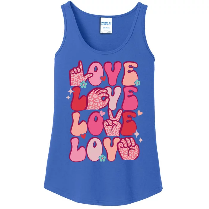 Groovy Sign Language Valentines Day Love Asl Finger Spelling Great Gift Ladies Essential Tank