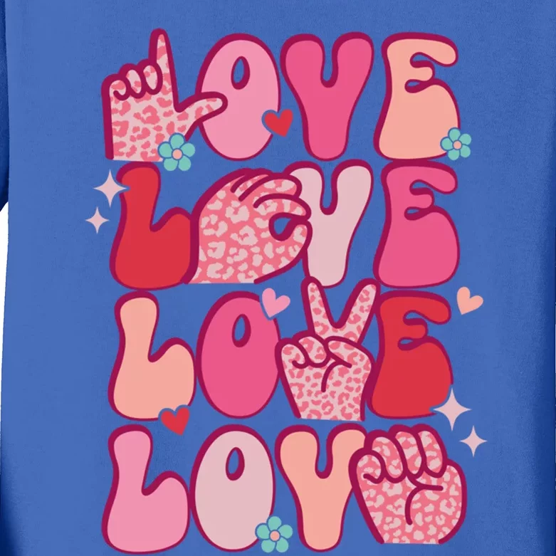 Groovy Sign Language Valentines Day Love Asl Finger Spelling Great Gift Kids Long Sleeve Shirt