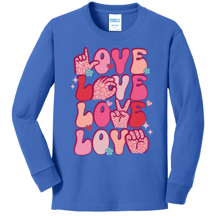 Groovy Sign Language Valentines Day Love Asl Finger Spelling Great Gift Kids Long Sleeve Shirt