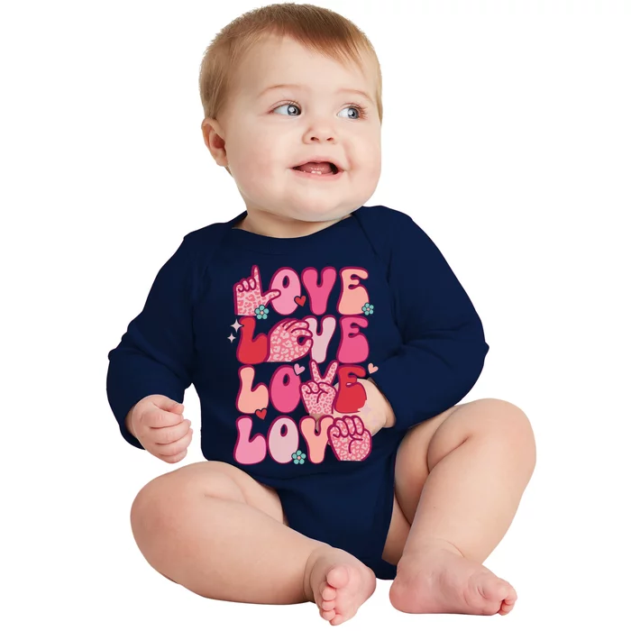 Groovy Sign Language Valentines Day Love Asl Finger Spelling Great Gift Baby Long Sleeve Bodysuit