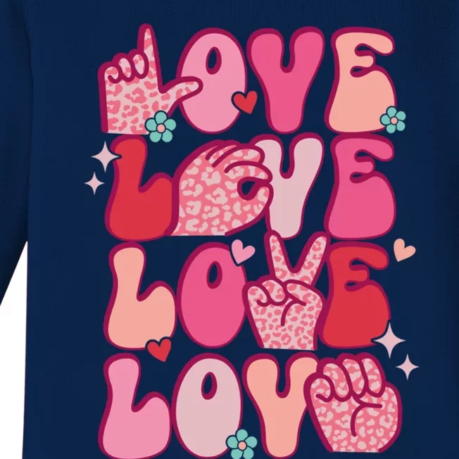 Groovy Sign Language Valentines Day Love Asl Finger Spelling Great Gift Baby Long Sleeve Bodysuit