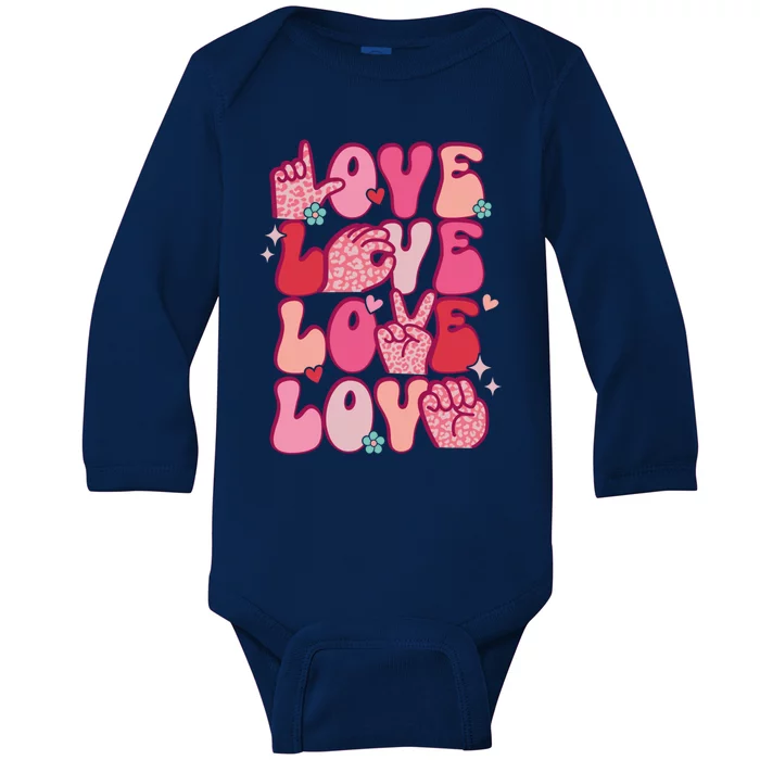 Groovy Sign Language Valentines Day Love Asl Finger Spelling Great Gift Baby Long Sleeve Bodysuit