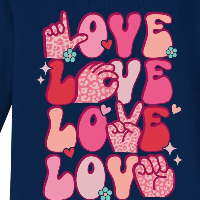 Groovy Sign Language Valentines Day Love Asl Finger Spelling Gift Baby Long Sleeve Bodysuit