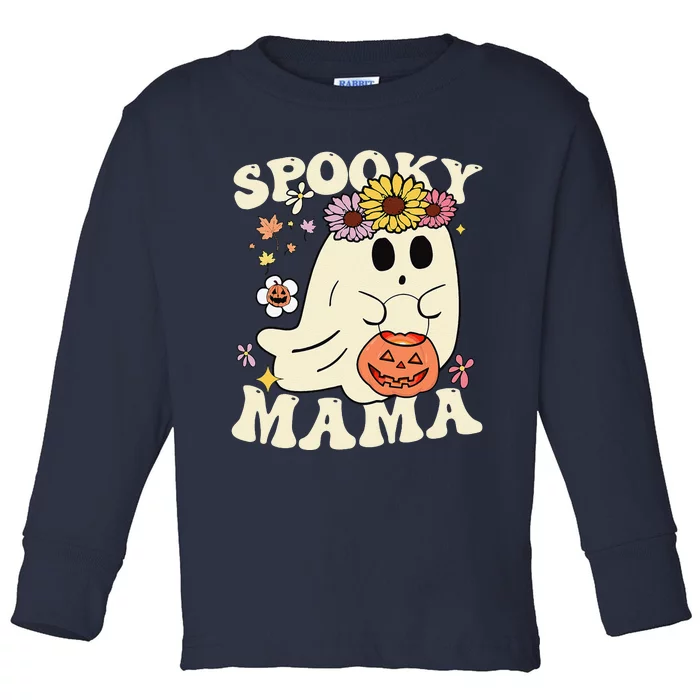 Groovy Spooky Mama Vibe Halloween Floral Ghost Spooky Season Toddler Long Sleeve Shirt